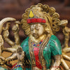 Brass Durga Idol, Mounted on a lion, Golden Finish with Intricate Stonework 10"