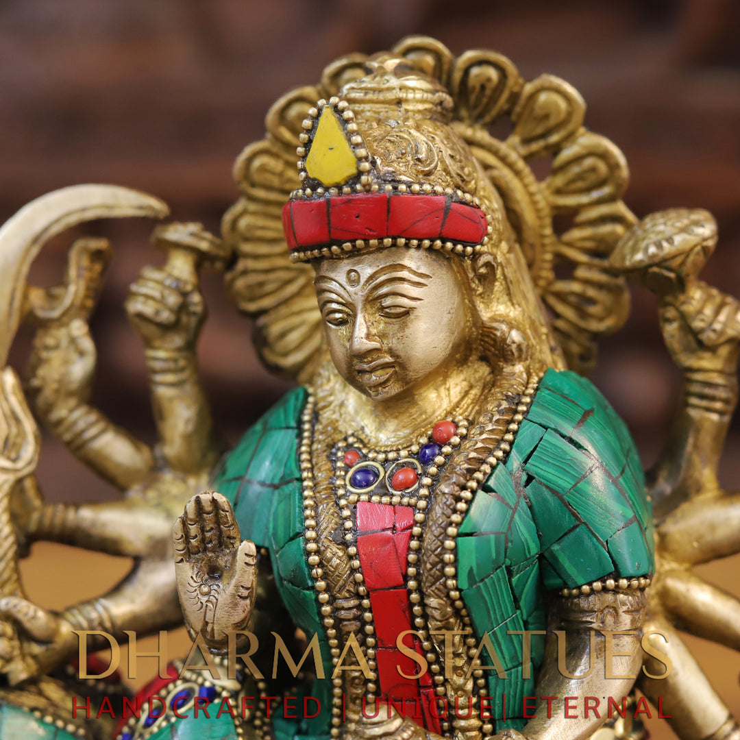 Brass Durga Idol, Mounted on a lion, Golden Finish with Intricate Stonework 10"