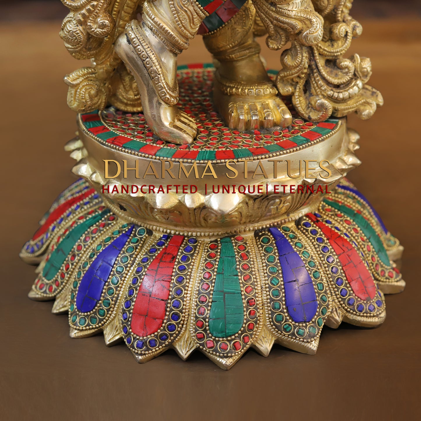 Brass Radha Krishna Statue, Stonework & Fine Gold Finish, 27"