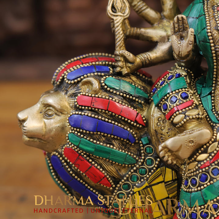 Brass Durga Idol, Mounted on a lion, Golden Finish with Intricate Stonework 10"