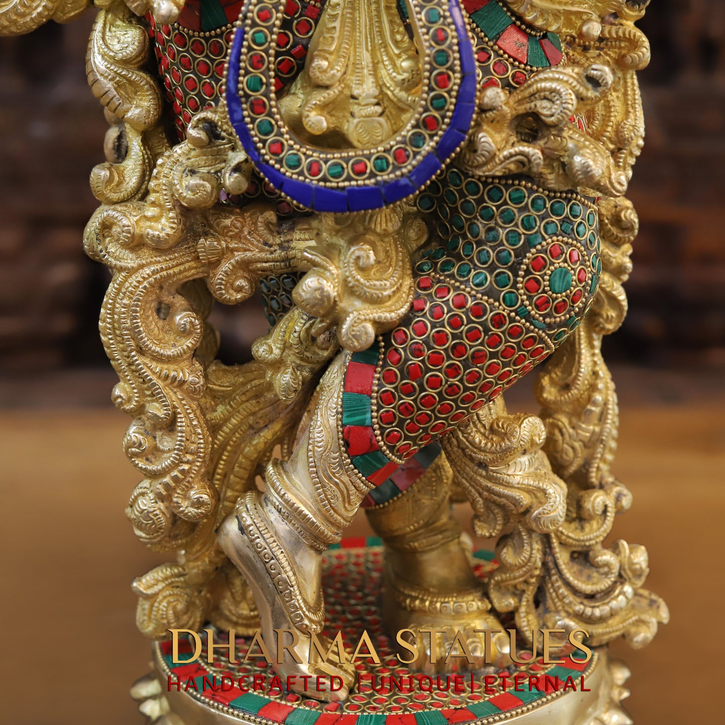 Brass Radha Krishna Statue, Stonework & Fine Gold Finish, 27"