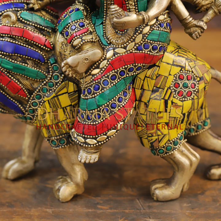 Brass Durga Idol, Mounted on a lion, Golden Finish with Intricate Stonework 10"