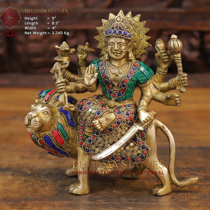 Brass Goddess Durga Statue, Golden Finish with Intricate Stone work, 9"