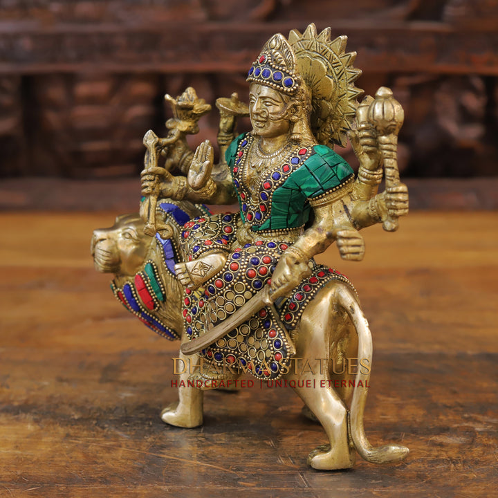 Brass Goddess Durga Statue, Golden Finish with Intricate Stone work, 9"