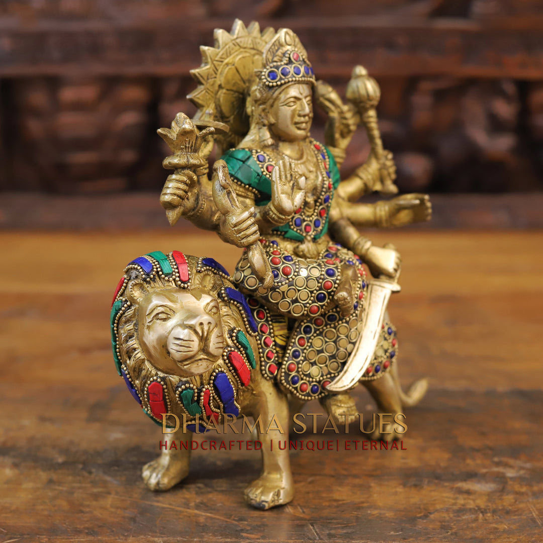 Brass Goddess Durga Statue, Golden Finish with Intricate Stone work, 9"