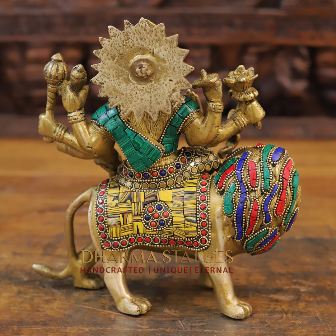 Brass Goddess Durga Statue, Golden Finish with Intricate Stone work, 9"