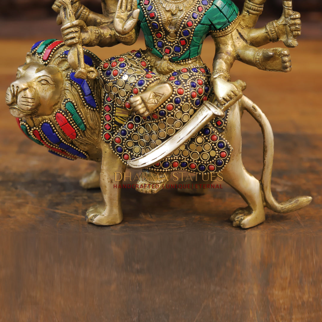 Brass Goddess Durga Statue, Golden Finish with Intricate Stone work, 9"