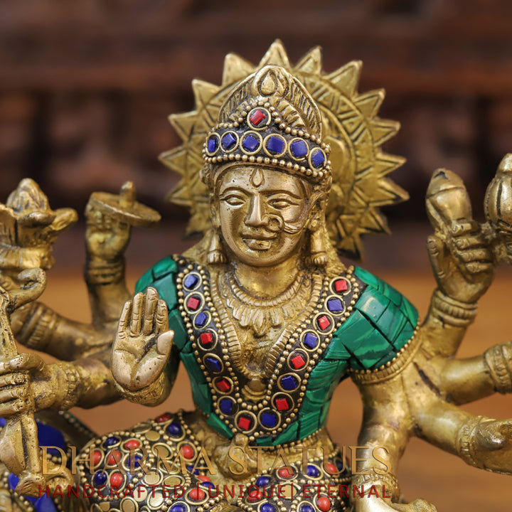 Brass Goddess Durga Statue, Golden Finish with Intricate Stone work, 9"