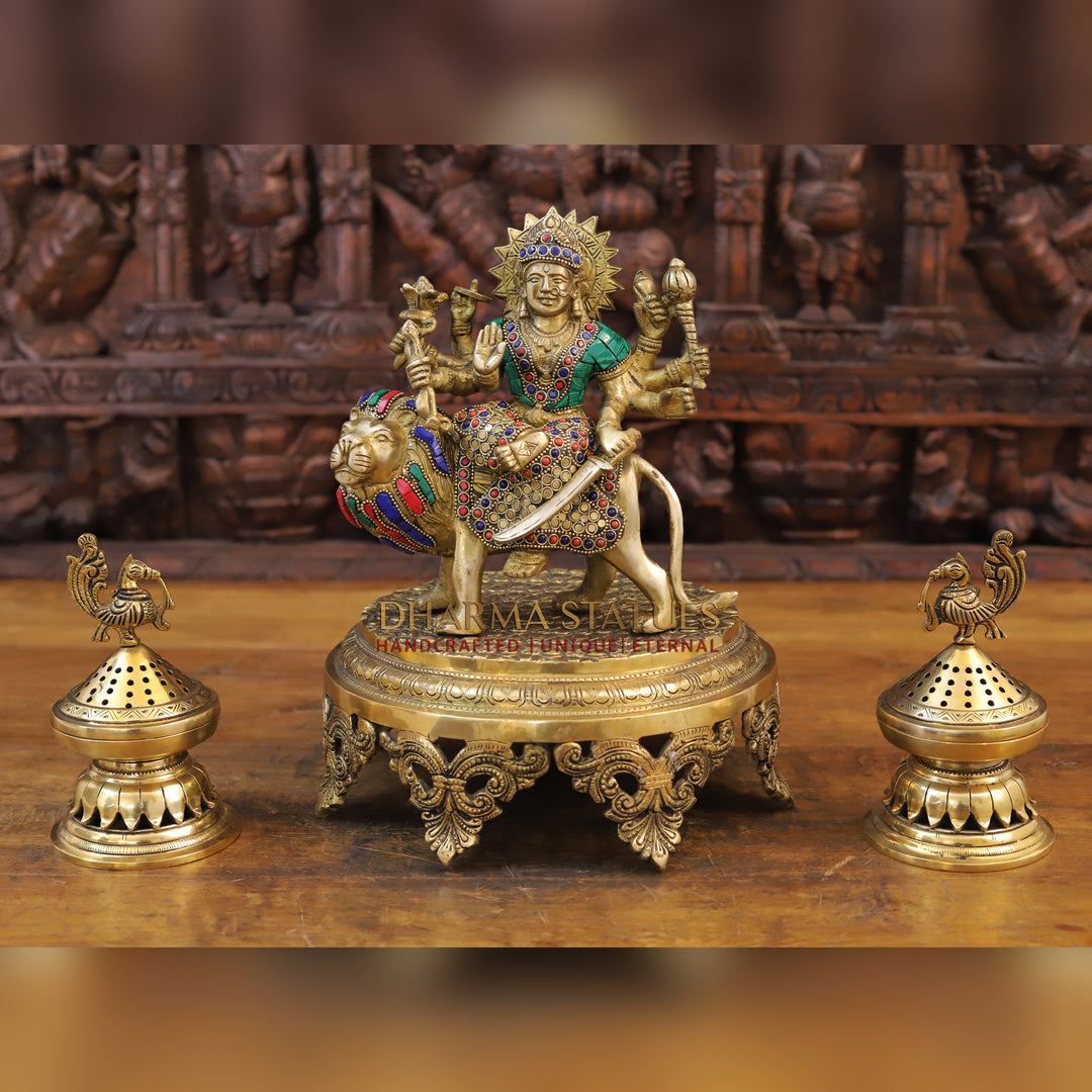 Brass Goddess Durga Statue, Golden Finish with Intricate Stone work, 9"