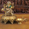 Brass Goddess Durga Statue, Golden Finish with Intricate Stone work, 9"