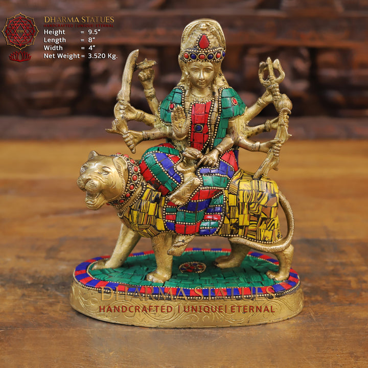 Brass Durga Idol, Seated on a Lion, Golden Finish with Stone work 9.5"