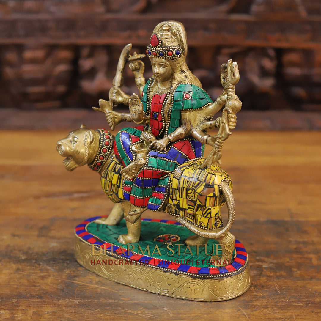 Brass Durga Idol, Seated on a Lion, Golden Finish with Stone work 9.5"