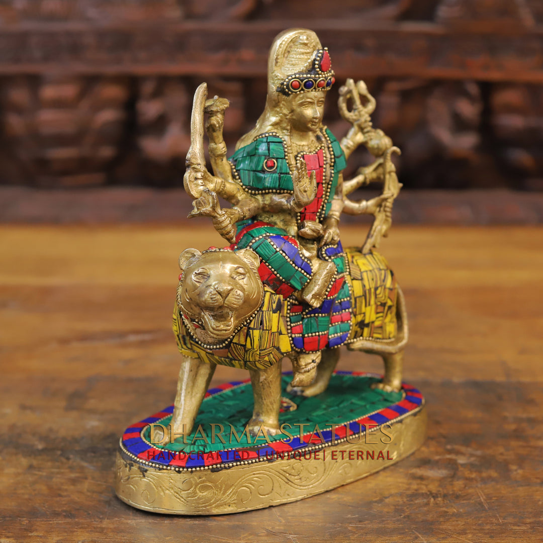 Brass Durga Idol, Seated on a Lion, Golden Finish with Stone work 9.5"