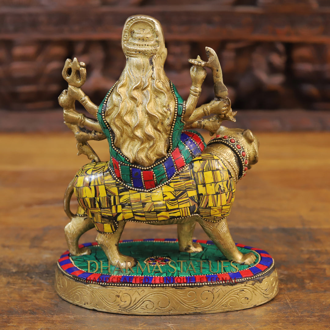 Brass Durga Idol, Seated on a Lion, Golden Finish with Stone work 9.5"