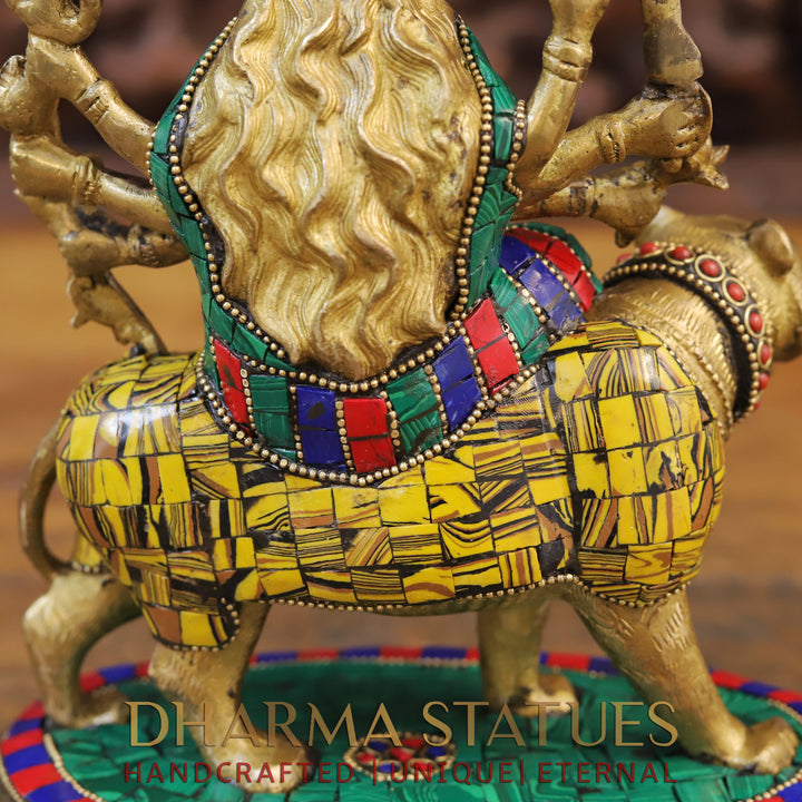 Brass Durga Idol, Seated on a Lion, Golden Finish with Stone work 9.5"