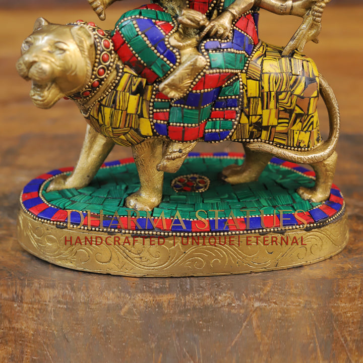 Brass Durga Idol, Seated on a Lion, Golden Finish with Stone work 9.5"