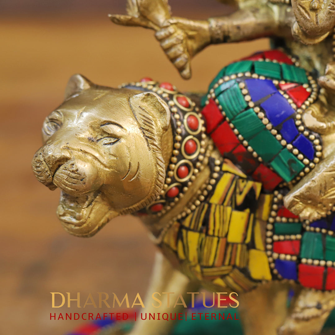 Brass Durga Idol, Seated on a Lion, Golden Finish with Stone work 9.5"