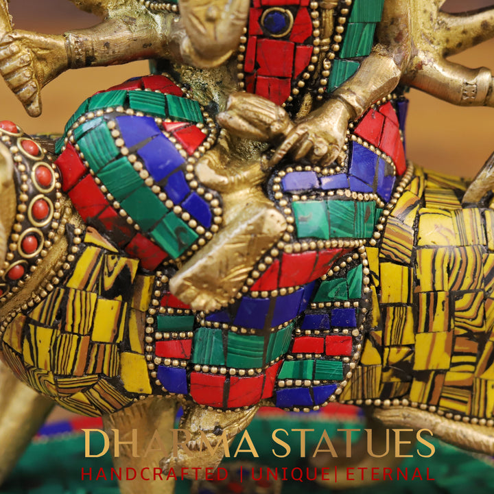 Brass Durga Idol, Seated on a Lion, Golden Finish with Stone work 9.5"