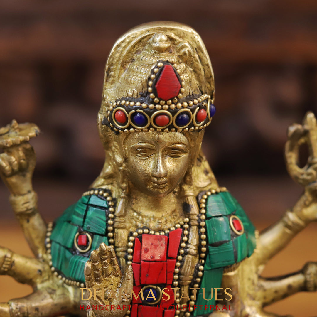 Brass Durga Idol, Seated on a Lion, Golden Finish with Stone work 9.5"