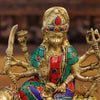 Brass Durga Idol, Seated on a Lion, Golden Finish with Stone work 9.5"