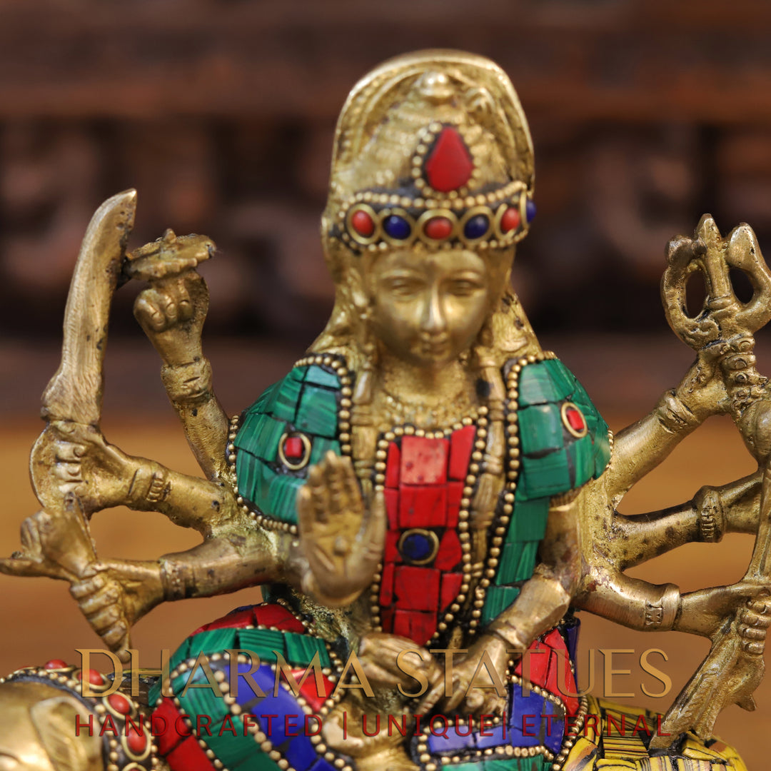 Brass Durga Idol, Seated on a Lion, Golden Finish with Stone work 9.5"