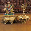 Brass Durga Idol, Seated on a Lion, Golden Finish with Stone work 9.5"