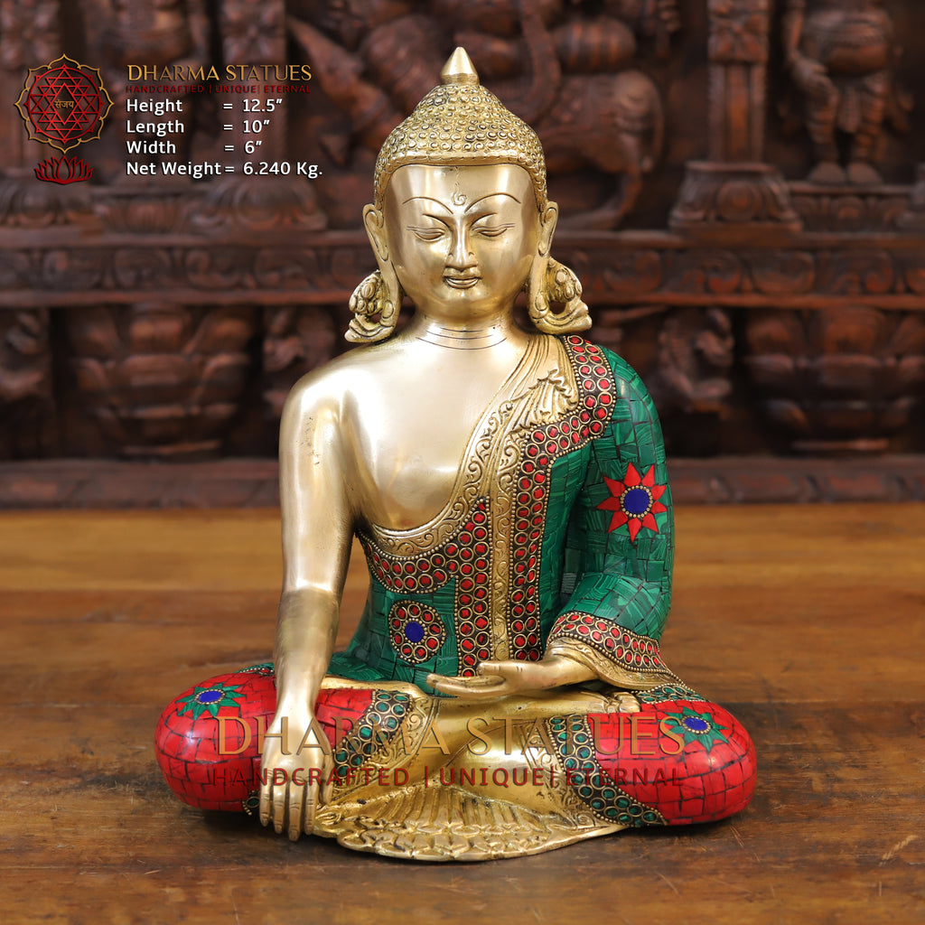 Brass Buddha Idol, Seated, Golden and Stone work 12.5" Front View