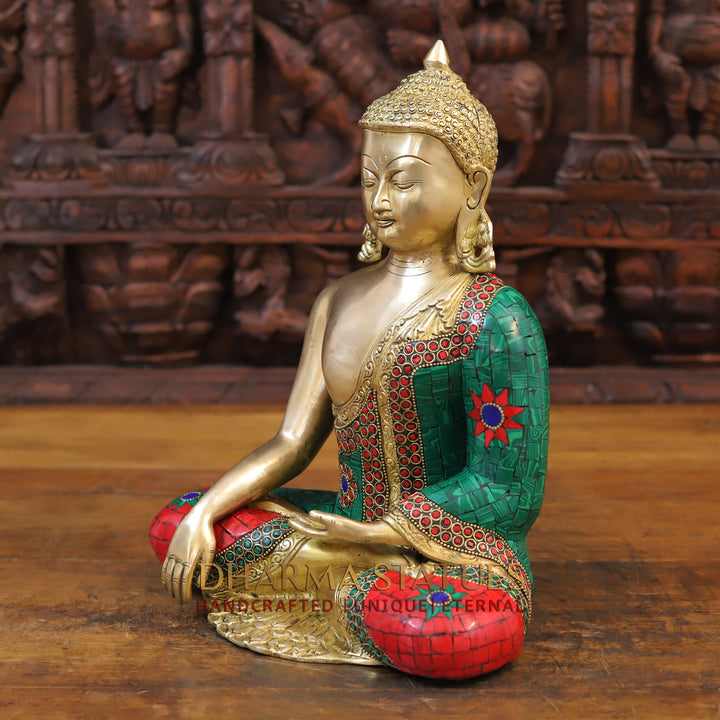 Brass Buddha Idol, Seated, Golden and Stone work 12.5"