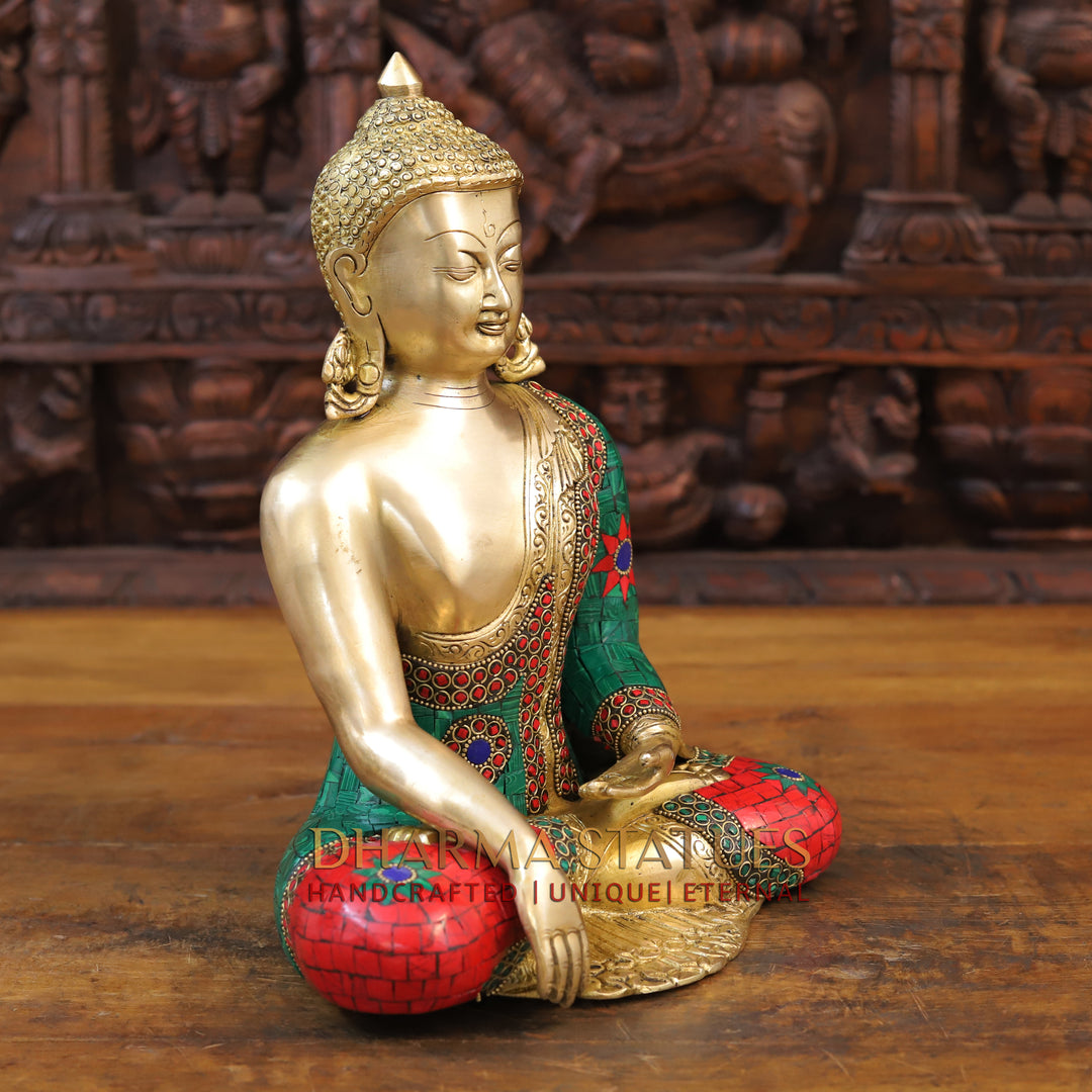 Brass Buddha Idol, Seated, Golden and Stone work 12.5"