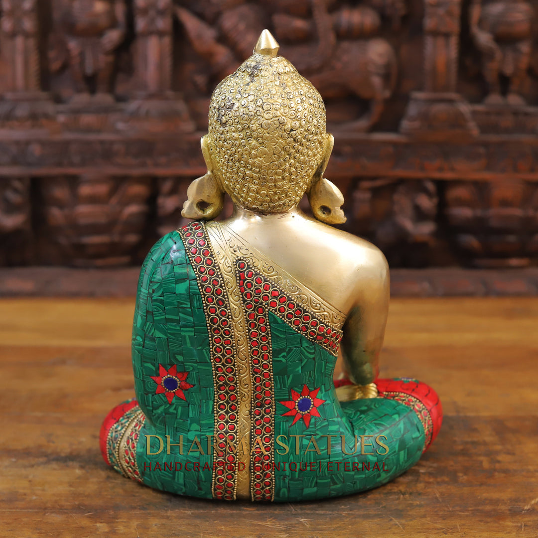 Brass Buddha Idol, Seated, Golden and Stone work 12.5"