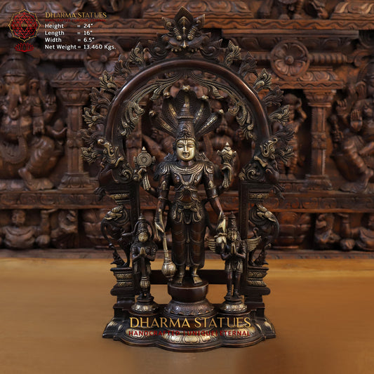 Brass Vishnu in Frame with Garuda and hanuman, Copper & Golden Finish, 24"
