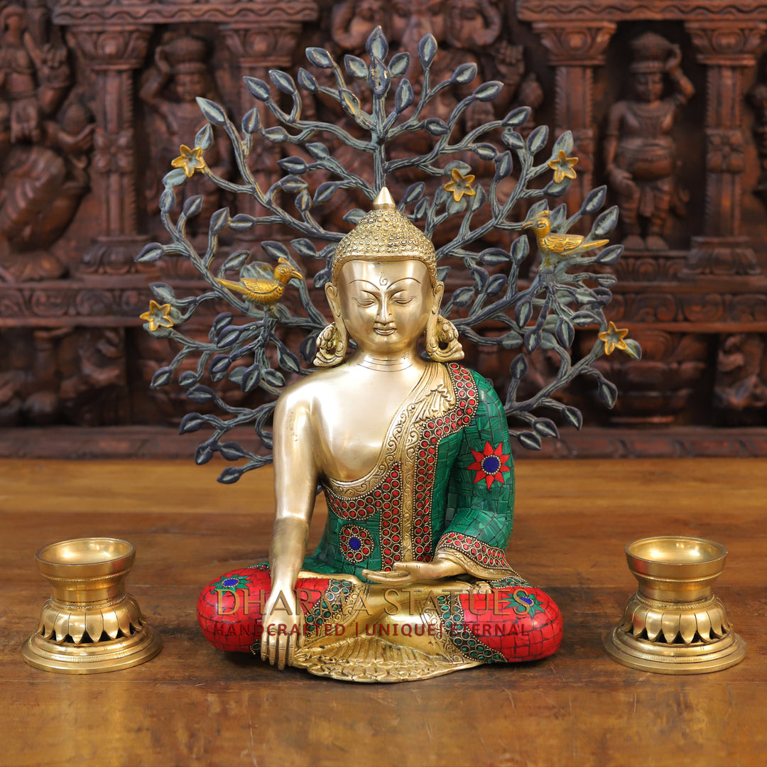 Brass Buddha Idol, Seated, Golden and Stone work 12.5"