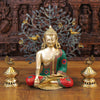 Brass Buddha Idol, Seated, Golden and Stone work 12.5"