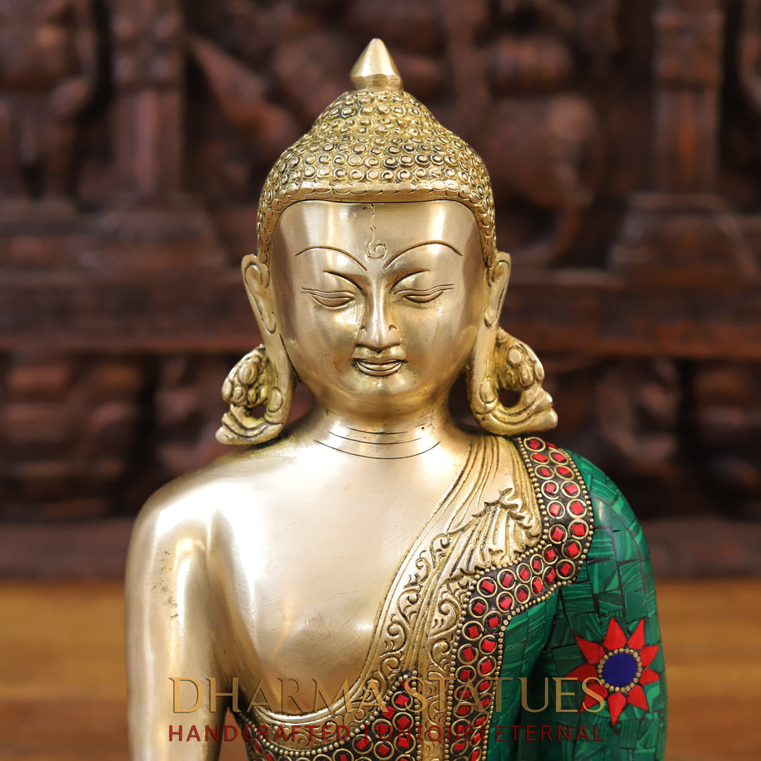 Brass Buddha Idol, Seated, Golden and Stone work 12.5"