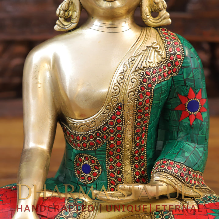 Brass Buddha Idol, Seated, Golden and Stone work 12.5"