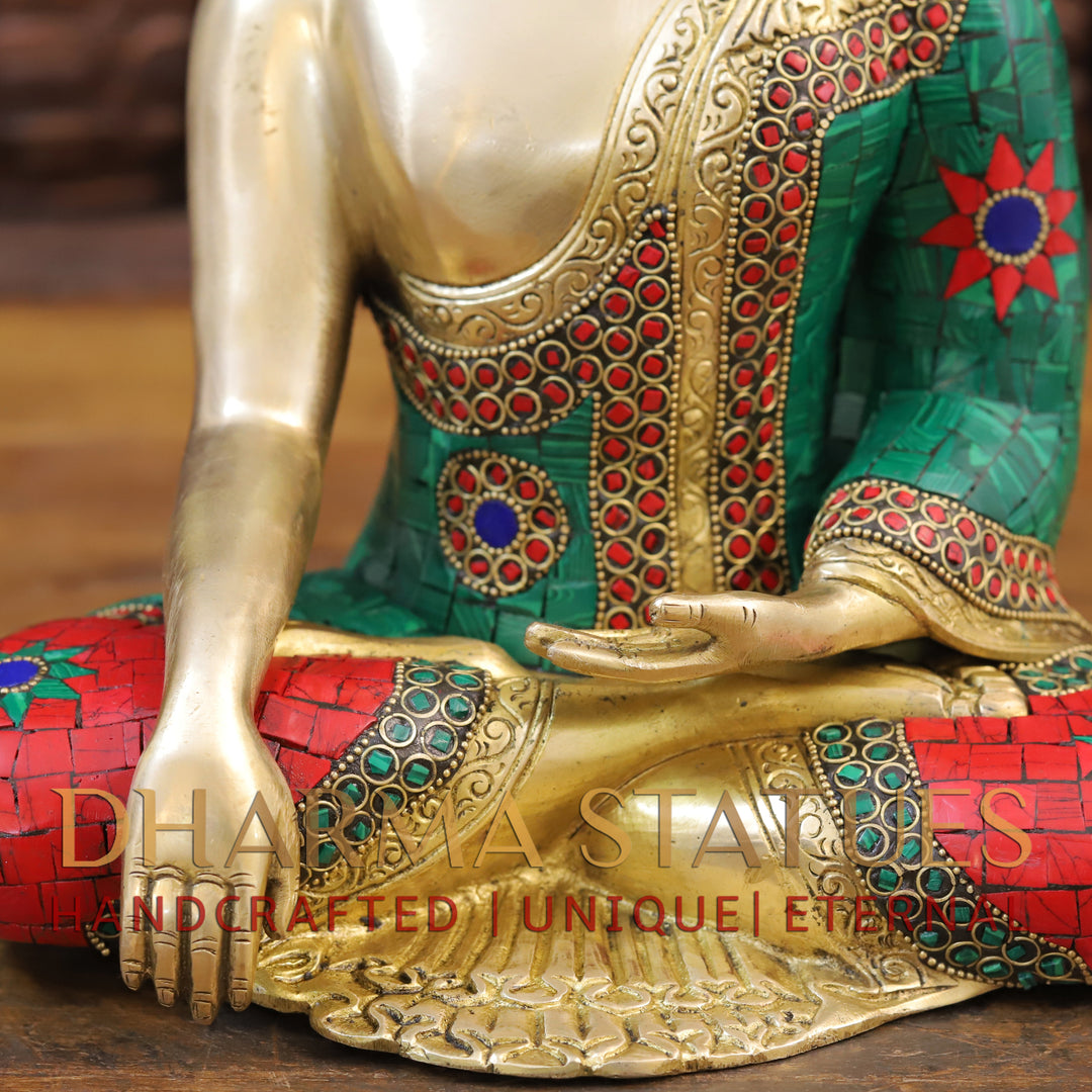 Brass Buddha Idol, Seated, Golden and Stone work 12.5"