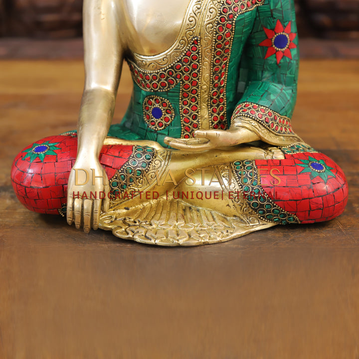 Brass Buddha Idol, Seated, Golden and Stone work 12.5"