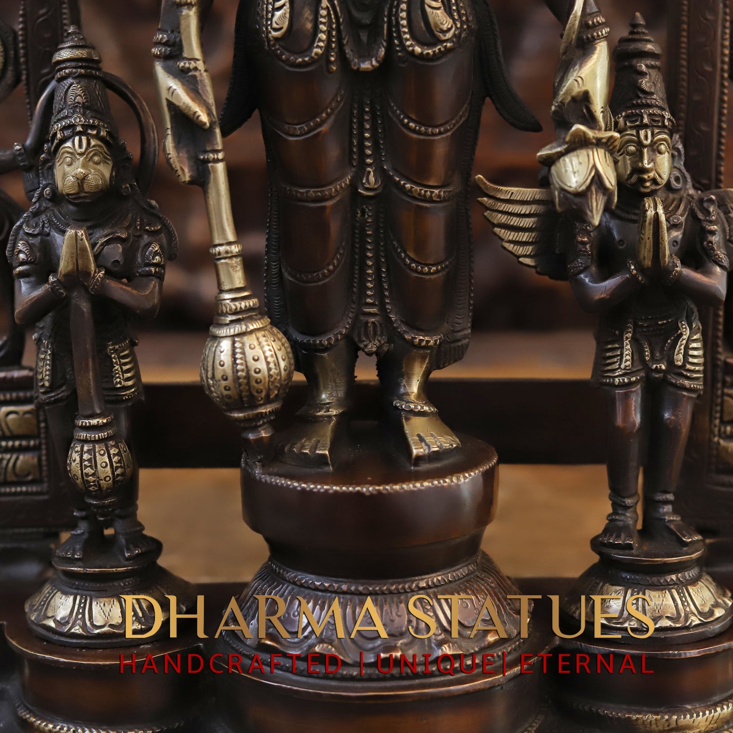 Brass Vishnu in Frame with Garuda and hanuman, Copper & Golden Finish, 24"