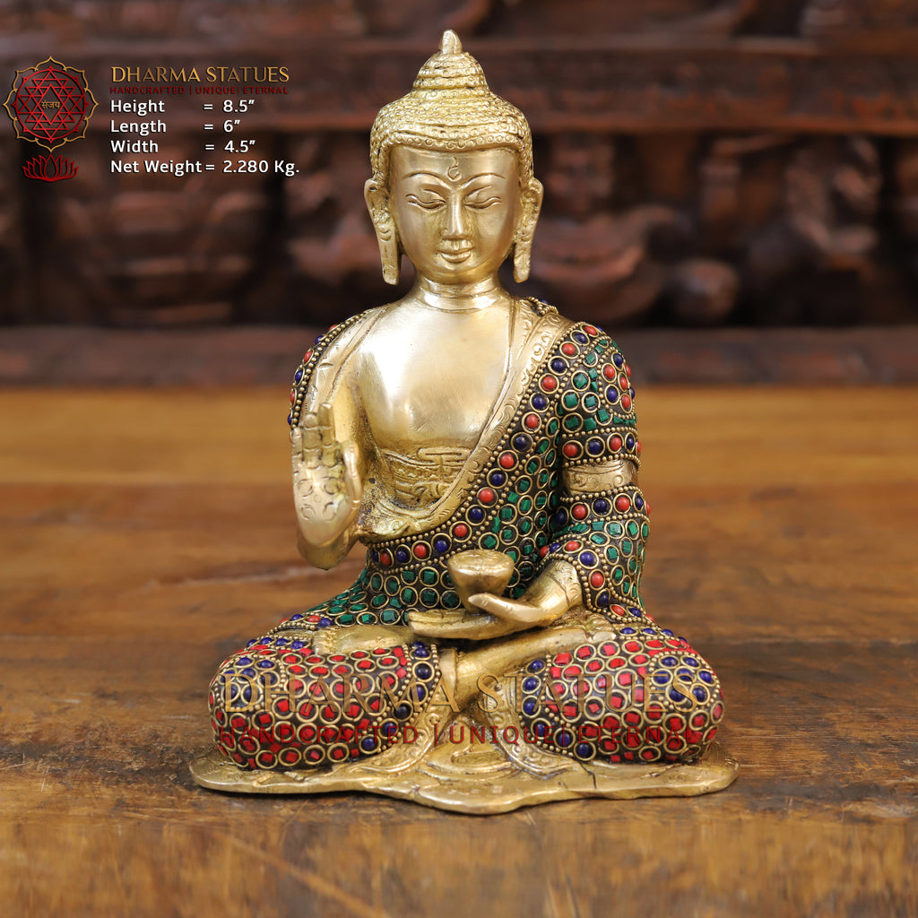 Brass Buddha Idol, Seated, Golden & Fine Stone work 8.5" Front View