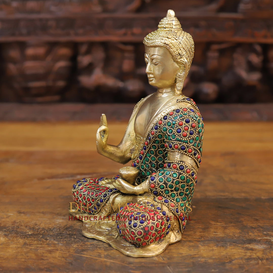 Brass Buddha Idol, Seated, Golden & Fine Stone work 8.5"