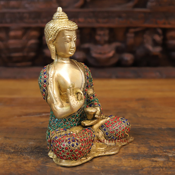 Brass Buddha Idol, Seated, Golden & Fine Stone work 8.5"