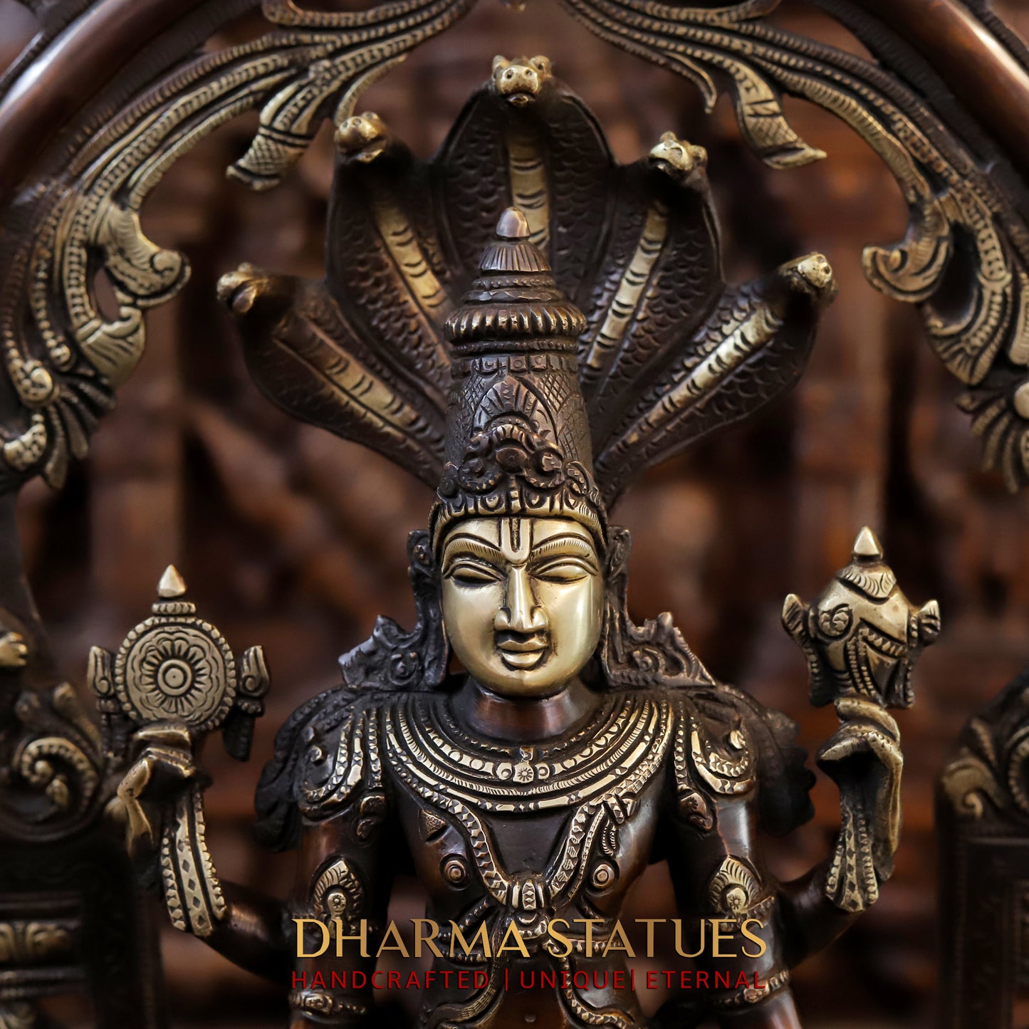 Brass Vishnu in Frame with Garuda and hanuman, Copper & Golden Finish, 24"