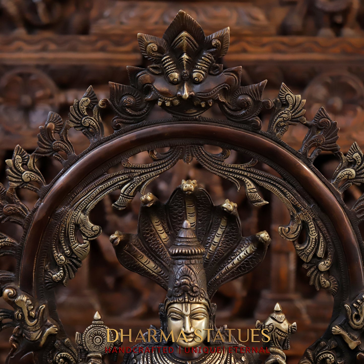 Brass Vishnu in Frame with Garuda and hanuman, Copper & Golden Finish, 24"