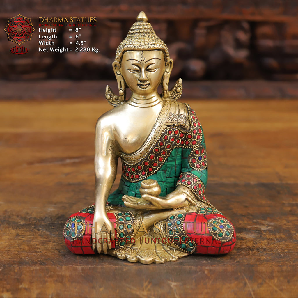 Brass Buddha Idol, Golden and Stone work 8" Front View