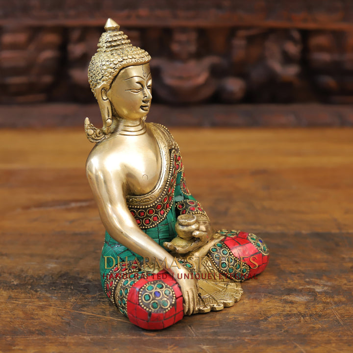 Brass Buddha Idol, Golden and Stone work 8"