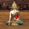 Brass Buddha Idol, Kundal Buddha, Golden and Stone work 8" Front View