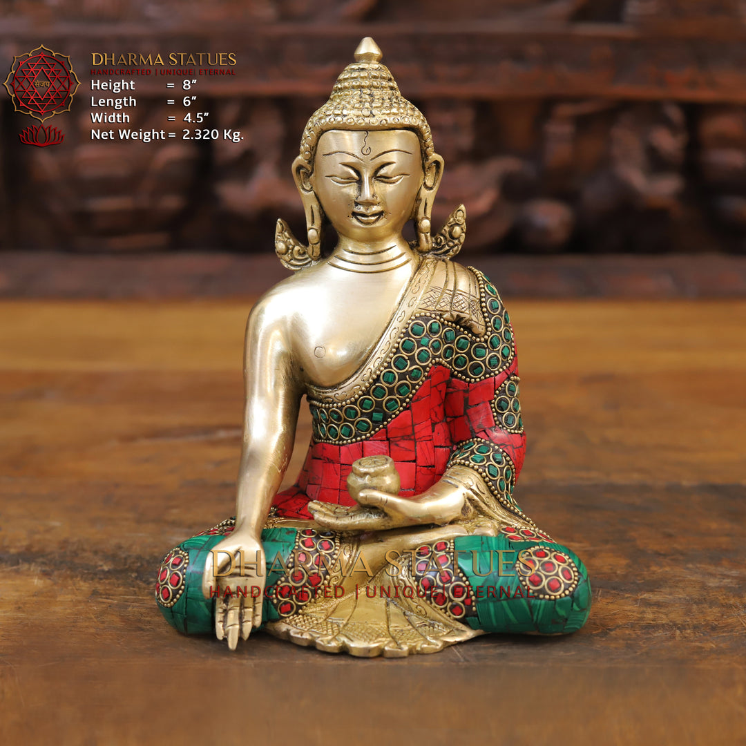 Brass Buddha Idol, Kundal Buddha, Golden and Stone work 8" Front View