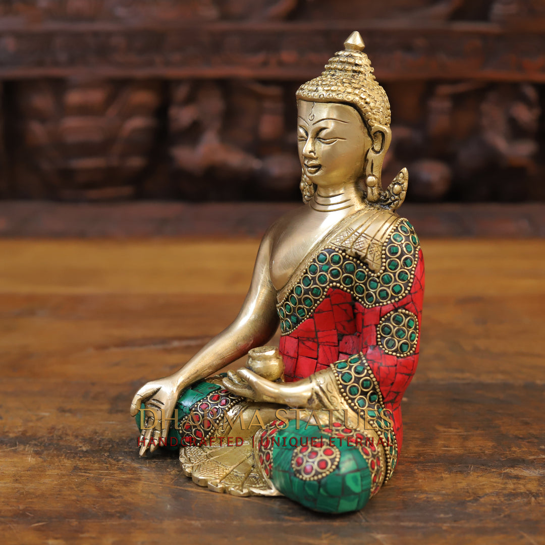 Brass Buddha Seated With Kundal Earings , Golden and Stone work 8"