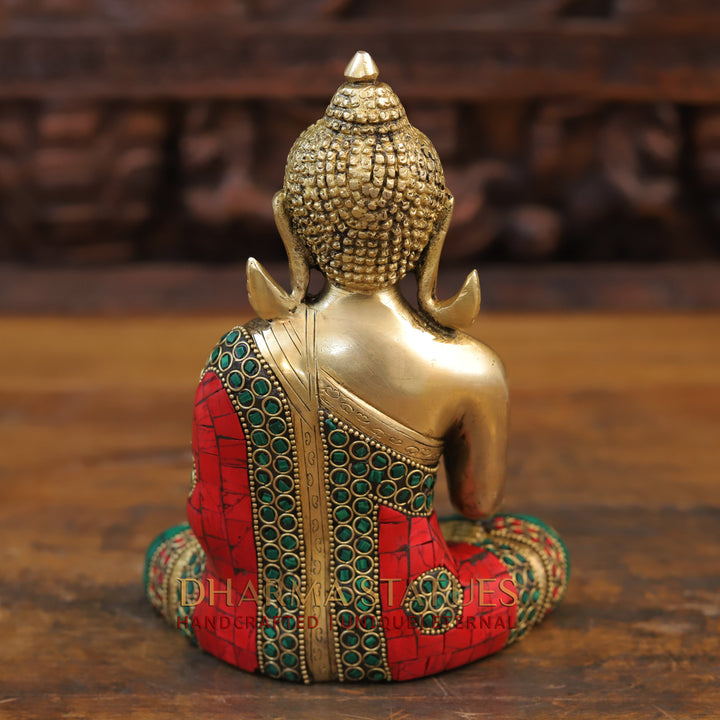 Brass Buddha Seated With Kundal Earings , Golden and Stone work 8"