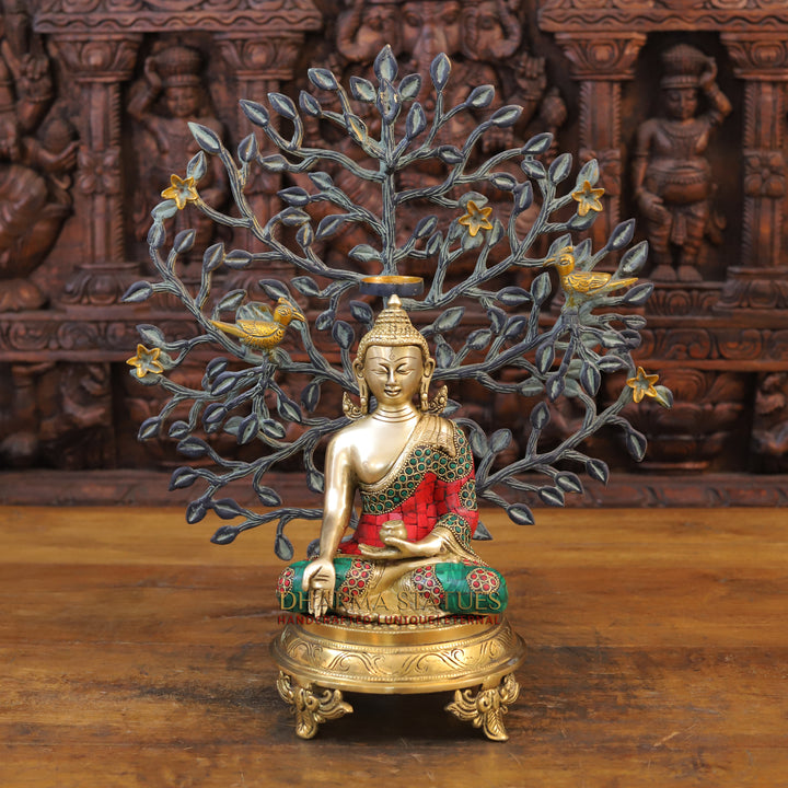 Brass Buddha Seated With Kundal Earings , Golden and Stone work 8"